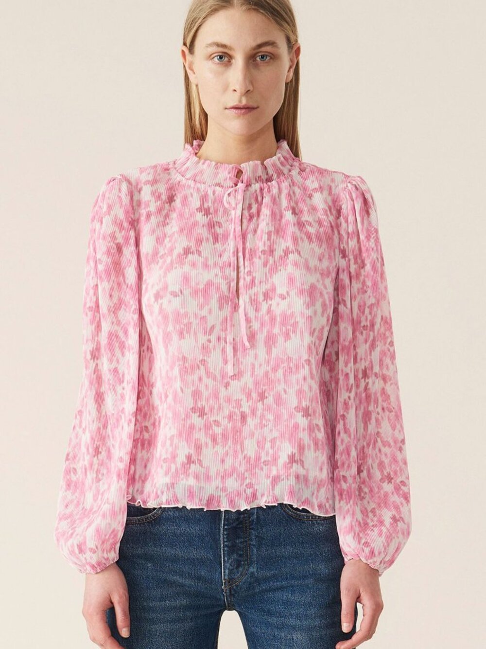 NWOT Ganni Womens Long Sleeve Floral Ruffle Georgette Blouse Pink Sz 42